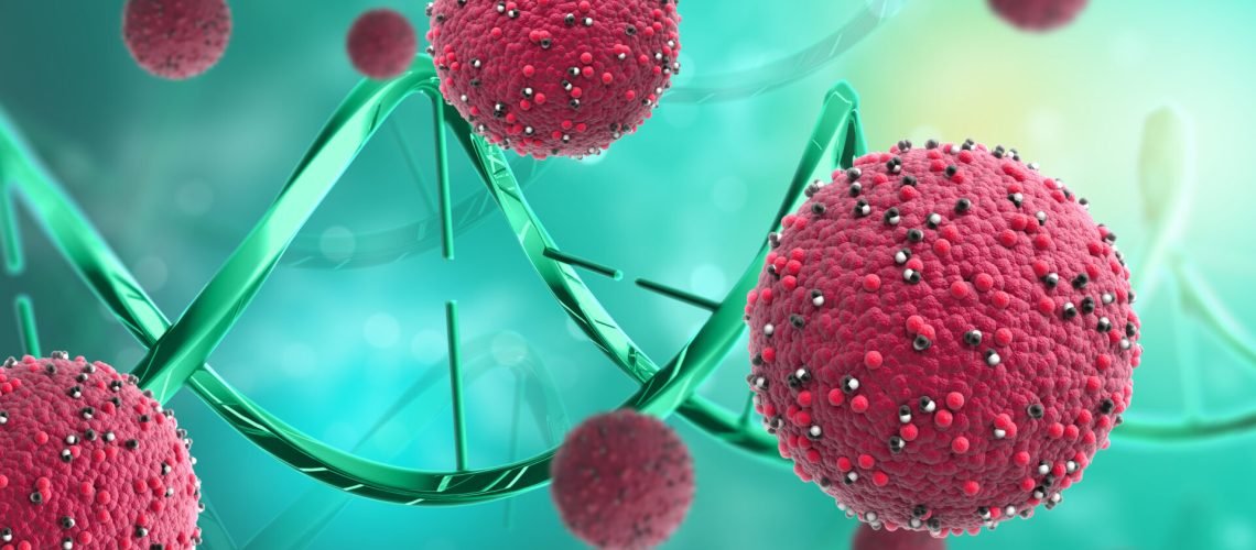 3D render of a medical background with abstract virus cells and DNA strands